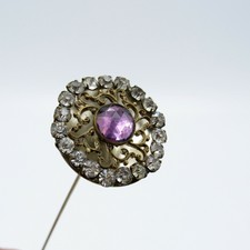 Antique Hatpin Faceted Lavender Bezel Set Stone with Rhinestone Ring, Scrolls