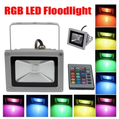 10W RGB LED Floodlight Outdoor Garden Security Spotlight 16 Colour Lamp w/Remote - Image 1 of 4