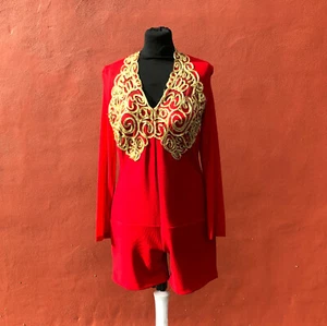 VINTAGE MODE MIKKO RED GOLD THREAD APPLIQUE SHORTS PLAYSUIT SIZE 38 UK 10  - Picture 1 of 9