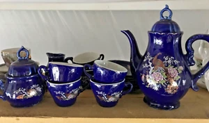 Japanese 17 Piece Cobalt Blue Musical Tea Pot Set Peacock Design - Picture 1 of 3
