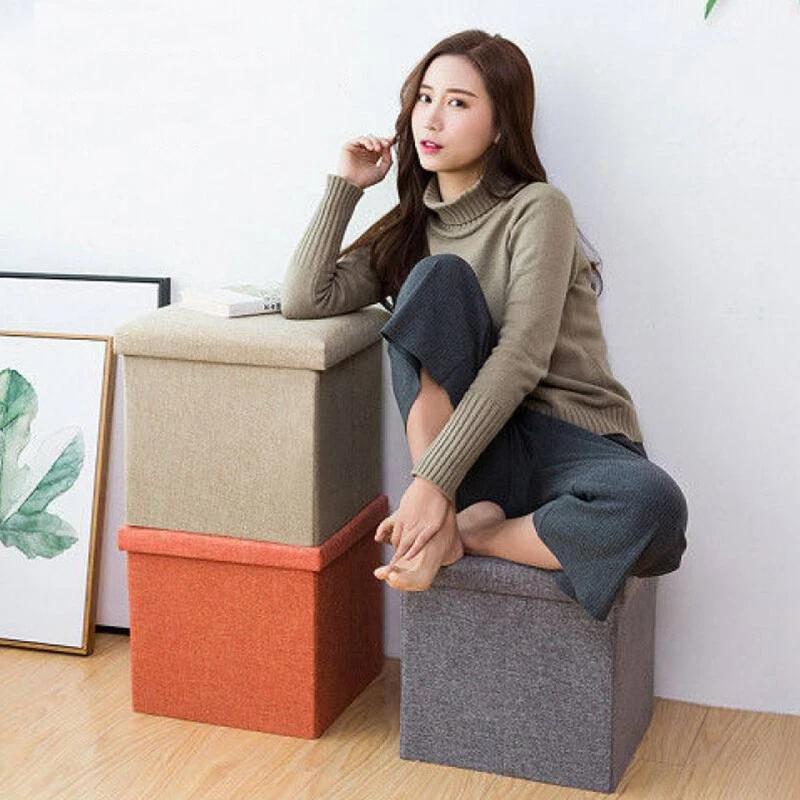 Folding Storage Ottoman Pouffe Large Foot Stool Double Seat Storage Boxes Linen - Image 1 of 4