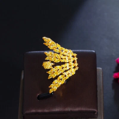 Gold Plated Yellow Leaf Cubic Zirconia Big Adjustable Open Finger Ring for Women - Image 1 of 4
