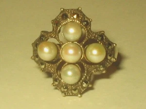 Vintage Gold On Sterling Silver Pearls Marcasite Cocktail Gothic Cross Ring Sz 8 - Picture 1 of 5