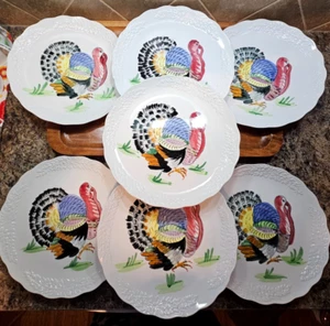Vtg 19 pc Japan Hand Painted Thanksgiving Turkey Dishes 7 Plates 6 Cup/Saucers - Picture 1 of 18