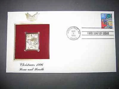 1996 Christmas Home And Hearth 22kt Gold Golden Replica Cover FDC Stamp - Image 1 of 3