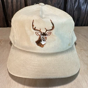 Vintage Deer Hat Corduroy 80s 90s White Cream Buck Hunting Hunter Vtg Outdoor - Picture 1 of 14