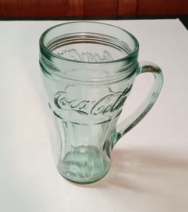 Coca Cola 6" Drinking Glass Mug with Handle Vintage Green Heavy Glass - Picture 1 of 6