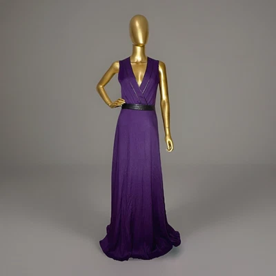 Alice + Olivia Sybil Purple Plunge V-Neck Black Leather Trim w/Belt Long Dress 6 - Image 1 of 4