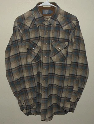 Pendleton High Grade Western Wear Men's Med Tall Snap Shirt Gray Plaid Wool USA - Image 1 of 4