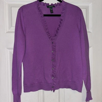 Lauren Ralph Lauren XL Cárdigan Suéter Algodón Cachemira Púrpura Volantes Pascua Foto 1 de 4
