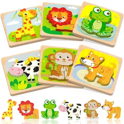 Wooden Toddler Puzzles, 6pcs Animal Montessori Toys for 1-3 Year Old Boys  Gi... - Image 1 of 4