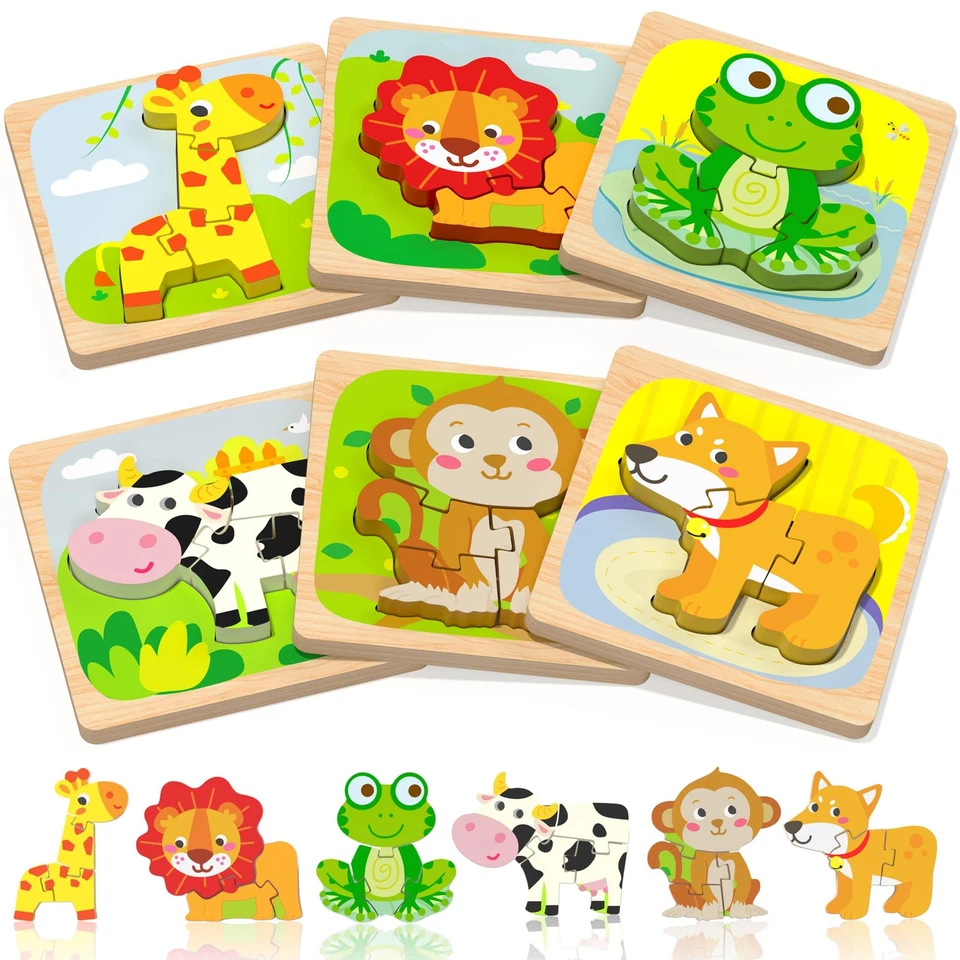 Wooden Toddler Puzzles, 6pcs Animal Montessori Toys for 1-3 Year Old Boys  Gi... - Image 1 of 4