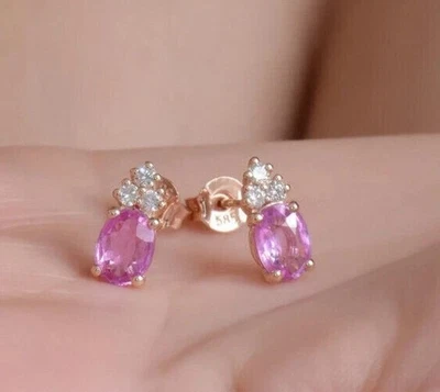 Lab Created Pink Ruby 2Ct Oval Cut Women's Stud Earring 14K Yellow Gold Plated - Image 1 of 3