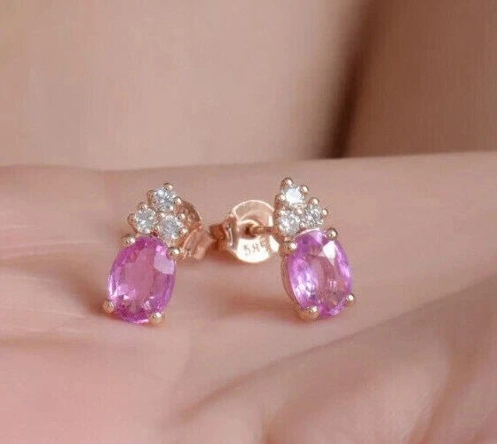 Lab Created Pink Ruby 2Ct Oval Cut Women's Stud Earring 14K Yellow Gold Plated - Image 1 of 3