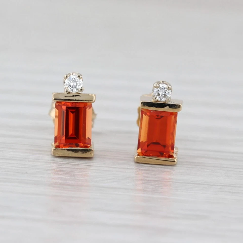 Lab Created Orange Sapphire Diamond Stud Earrings 14k Yellow Gold Studs - Image 1 of 4