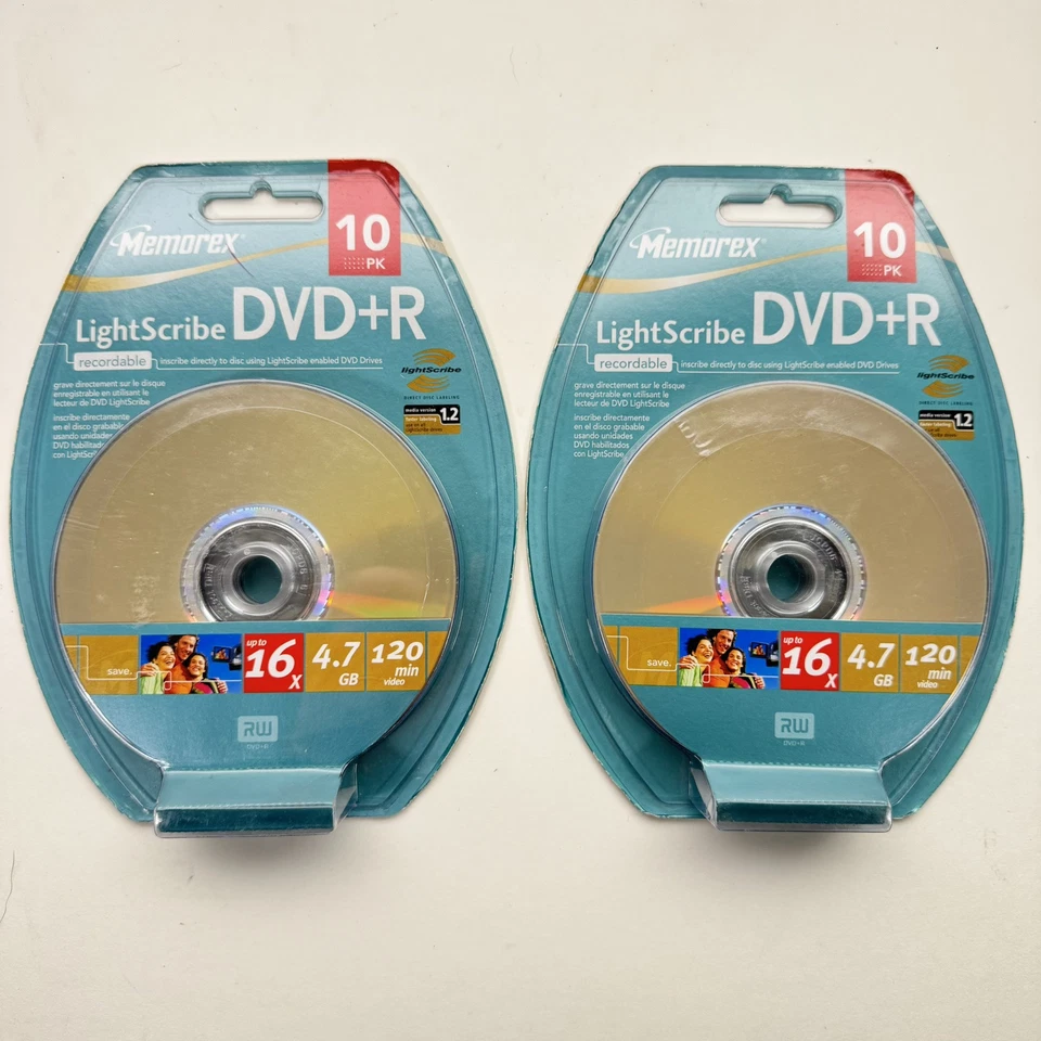 2 paquetes de 10 discos grabables Memorex LightScribe DVD+R 16x 4,7 GB 120 min nuevos Foto 1 de 4