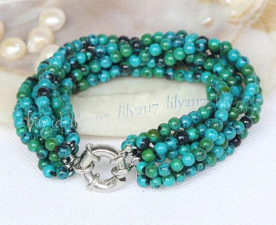 Brazalete 8 filas 4 mm natural verde azurita crisocola piedras preciosas redondas 8"" Foto 1 de 4