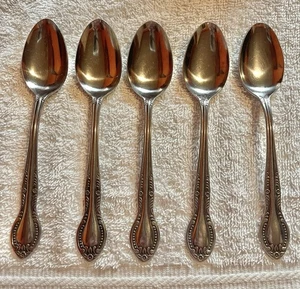 5 Columbia Stainless Steel Japan Flatware Beaded Floral Soup Tea Dinner Spoons - Picture 1 of 3
