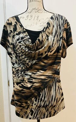 CLEAR SKY Cowl Neck Blouse Short Sleeves Layered Browns Geometric Print Poly XL - Image 1 of 4