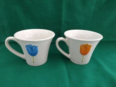 White 8oz Coffee/Tea Cup/Mug w/ Blue and Orange Floral Flower Gift Kitchen  - Image 1 of 2
