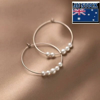 1 Pair Woman Real s925 Sterling Silver Pearl Hoop Huggie Earring Dangle Drop - Image 1 of 4