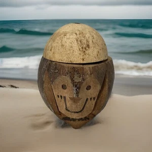 Vintage hand carved Coconut Monkey Bank Have Fun Tiki Bar Decoration - Picture 1 of 9
