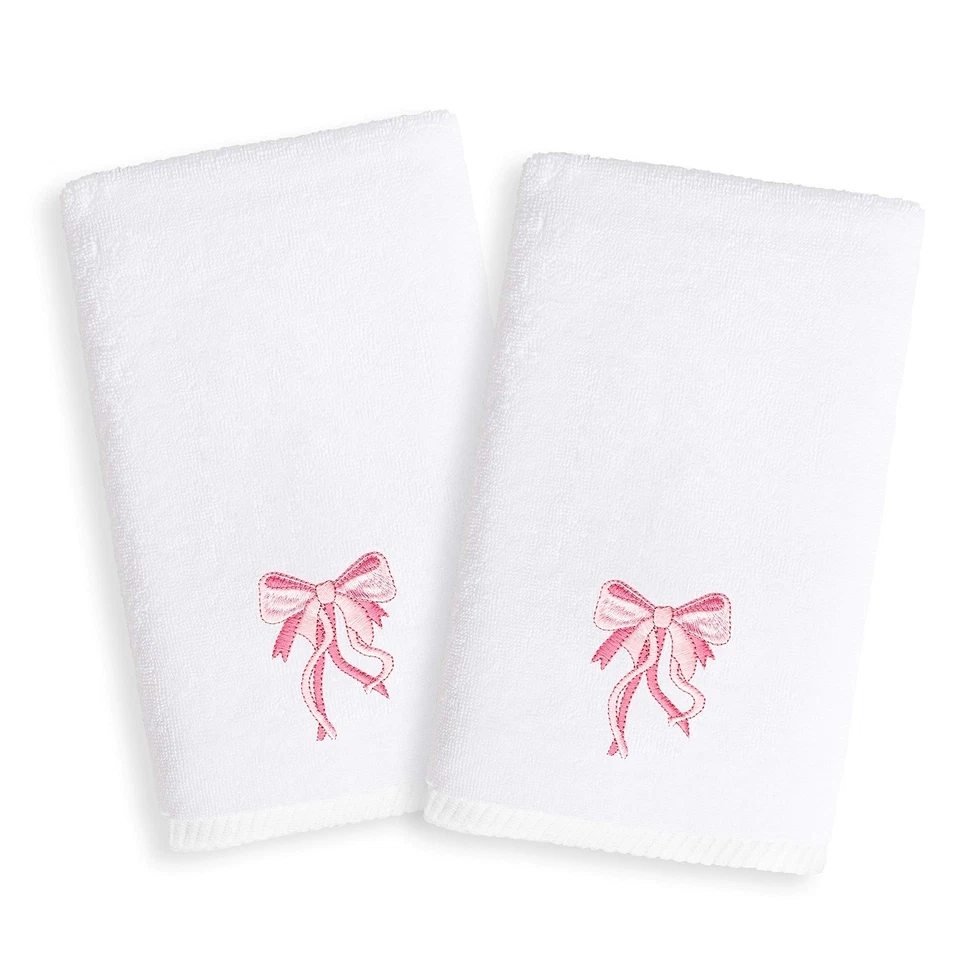Kids Pink Bow Embroidered White Turkish Cotton Hand Towels (Set of 2) Novelty - Image 1 of 1
