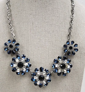 Charter Club Crystal Flower Statment Bib Necklace Silver Tone Blue And Clear 19" - Picture 1 of 13