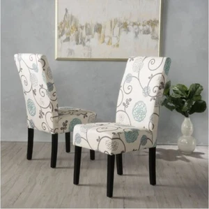 Portable Upholstered Parson Kitchen Dining Chairs Set of 2 Floral Beige Arm Less - Picture 1 of 6