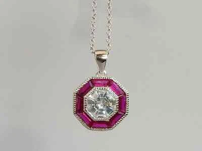 Art Deco Style Lab-Created Diamond & Ruby Halo Bezel Set Pendant In 925 Silver - Image 1 of 4