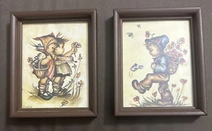2 Framed Hummel Prints 2 Girls & A Boy - Flowers & Bees Intercraft Signed Evans - Picture 1 of 2