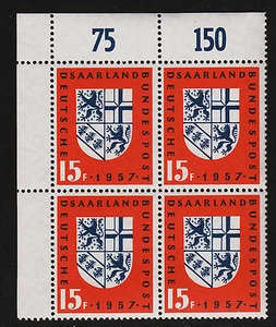 1957 Alemania Saar Arms of Saar Sc#262 esquina margen numérico montado sin montar o nunca montado en muy buen estado - Imagen 1 de 1