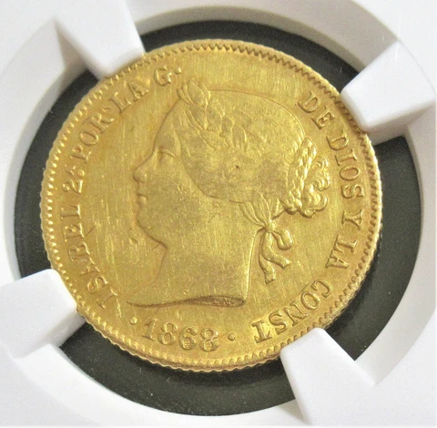 Philippines: Spanish Colony. Isabel II gold 4 Pesos 1868/58 AU Details NGC Cover