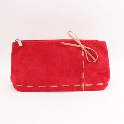 Lancome Makeup Bag Small Red Ultra Suede Tan Stitch Bow Zipper Pouch Lined - Image 1 of 4