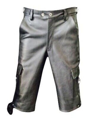 Uomo Vera Vera Pelle Nera Combattimento Pantaloni Corti Con Tasconi (Gratis P&P Nel Regno Unito) • 84.97€