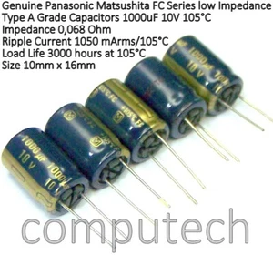1 pezzo Condensatore 1000uF 10V 105°C elettrolitico Panasonic FC series LOW ESR - Imagen 1 de 1