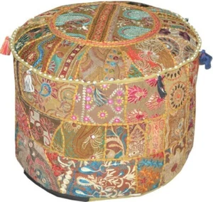 18" New Indian Patchwork Pouf Ottoman Foot Stool Round Cover Poof Floor Pillow - Picture 1 of 3