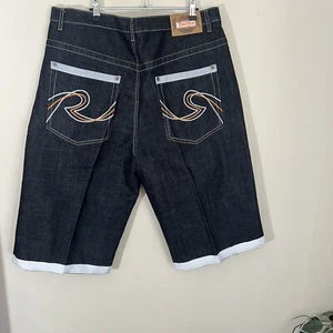 Raw Blue Jean Shorts Thick Stitch Baggy Y2K 90s Hip Hop Skater Mens 40 Black New - Picture 1 of 7