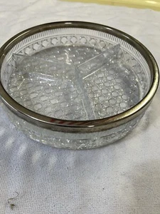 Chrystal Serving Bowl- 8 3/4” Wide x 2” Tall. Silver Ring Needs Reglued - Picture 1 of 5