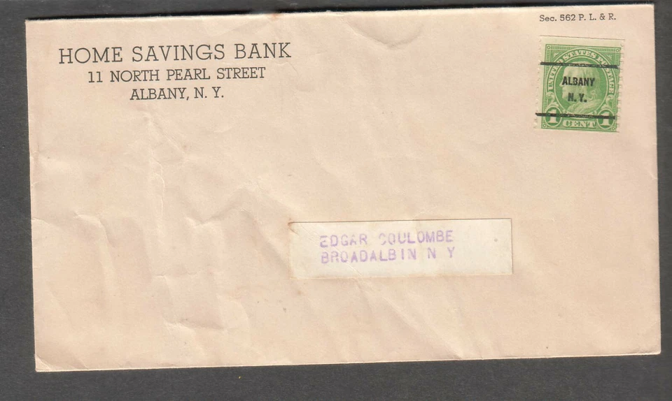 c 1920's 1 cent Franklin coil precancel cover Bank Albany NY to Broadalbin NY - Image 1 of 1