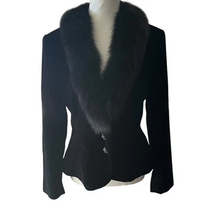 Victor Costa Black Velvet Jacket Faux Fur Collar Rhinestone Button Evening Coat - Image 1 of 4