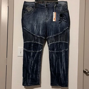 Pantalones de mezclilla de motociclista Rock Revival Montell talla 42 calavera huesos cruzados nuevos con etiquetas - Imagen 1 de 16