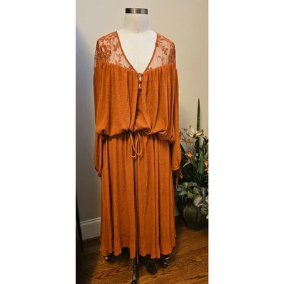 Nuevo Maxi Vestido Free People Clementine XS/S Marrón/Óxido Manga Larga Encaje Gasa Foto 1 de 4