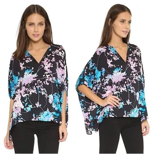 Diane Von Furstenberg Kora Black Floral Daze Sky Mauve Silk Oversized Blouse Top - Picture 1 of 14