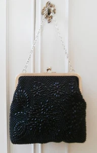 Vintage Late 1960's Black Bonded Bead Beaded Fabric Evening Hand Bag Handbag - Picture 1 of 4