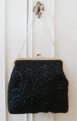 Vintage Late 1960's Black Bonded Bead Beaded Fabric Evening Hand Bag Handbag - Image 1 of 4