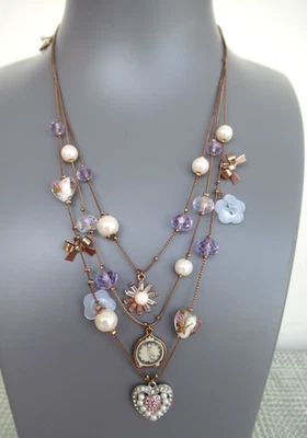 VTG Betsey Johnson Gold Tone Multi-strand Necklace W/Heart, faux pearls, *Flaw - Image 1 of 4