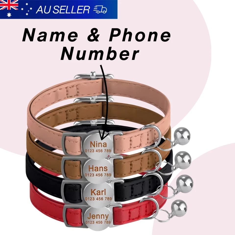 Collar Gato Breakaway Personalizado Grabado Nombre ID Ajustable con Campana Foto 1 de 4