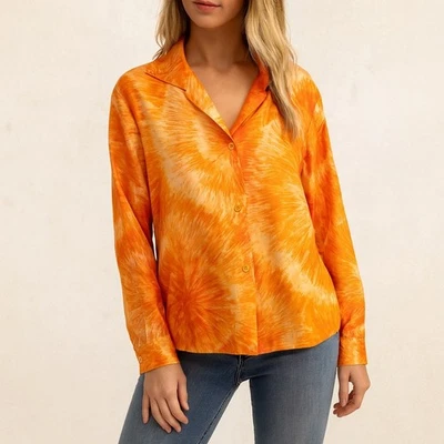 Vintage 1960s Satin Orange Tie Dye Print Button Up Blouse Top M/L - Image 1 of 4