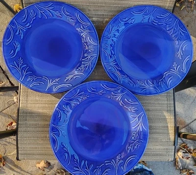 3 Vintage Libbey Lie 14 Blue Embossed Wheat Pattern Trim Dinner Plts. 10.5" - Image 1 of 4